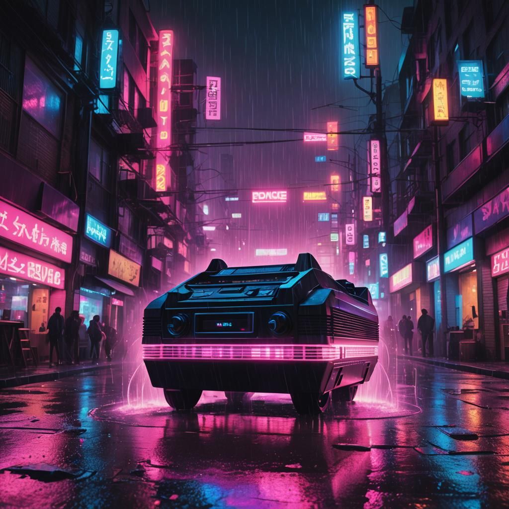 Neon CD Player in Rainy Cyberpunk Cityscape