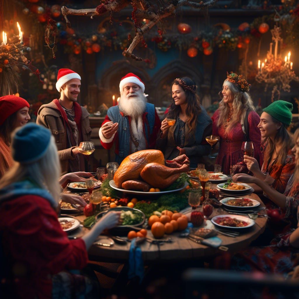 Santa and Elves Thanksgiving Dinner: Detailed Matte Painting