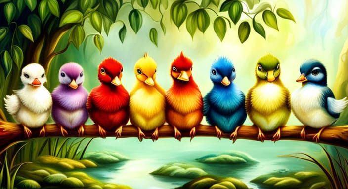Rainbow Ducklings in Fantasy Forest, Vivid Oil Painting