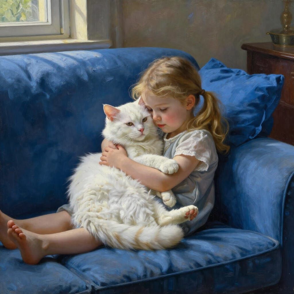 Girl Hugs Fluffy Cat on Couch in Vermeer Style