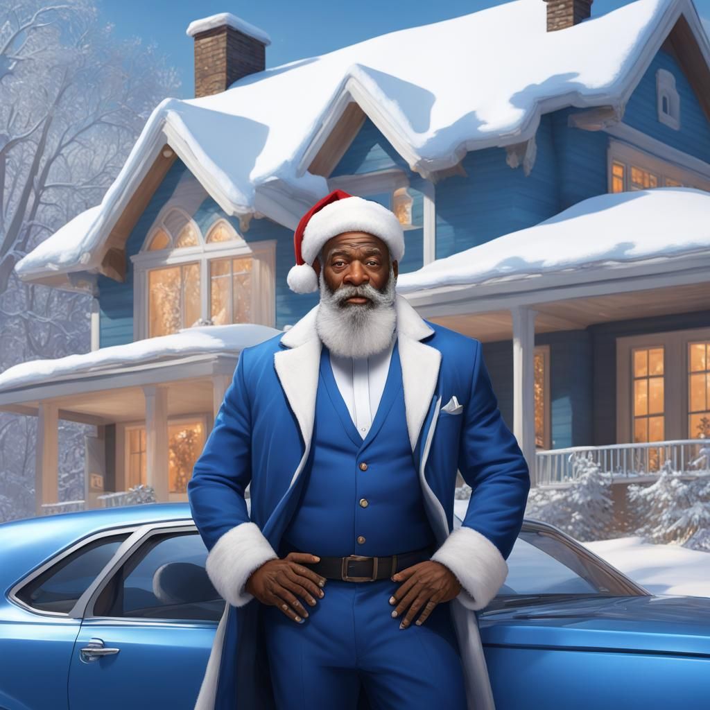 Black Santa Claus in Blue Suit, Hyperdetailed Portrait
