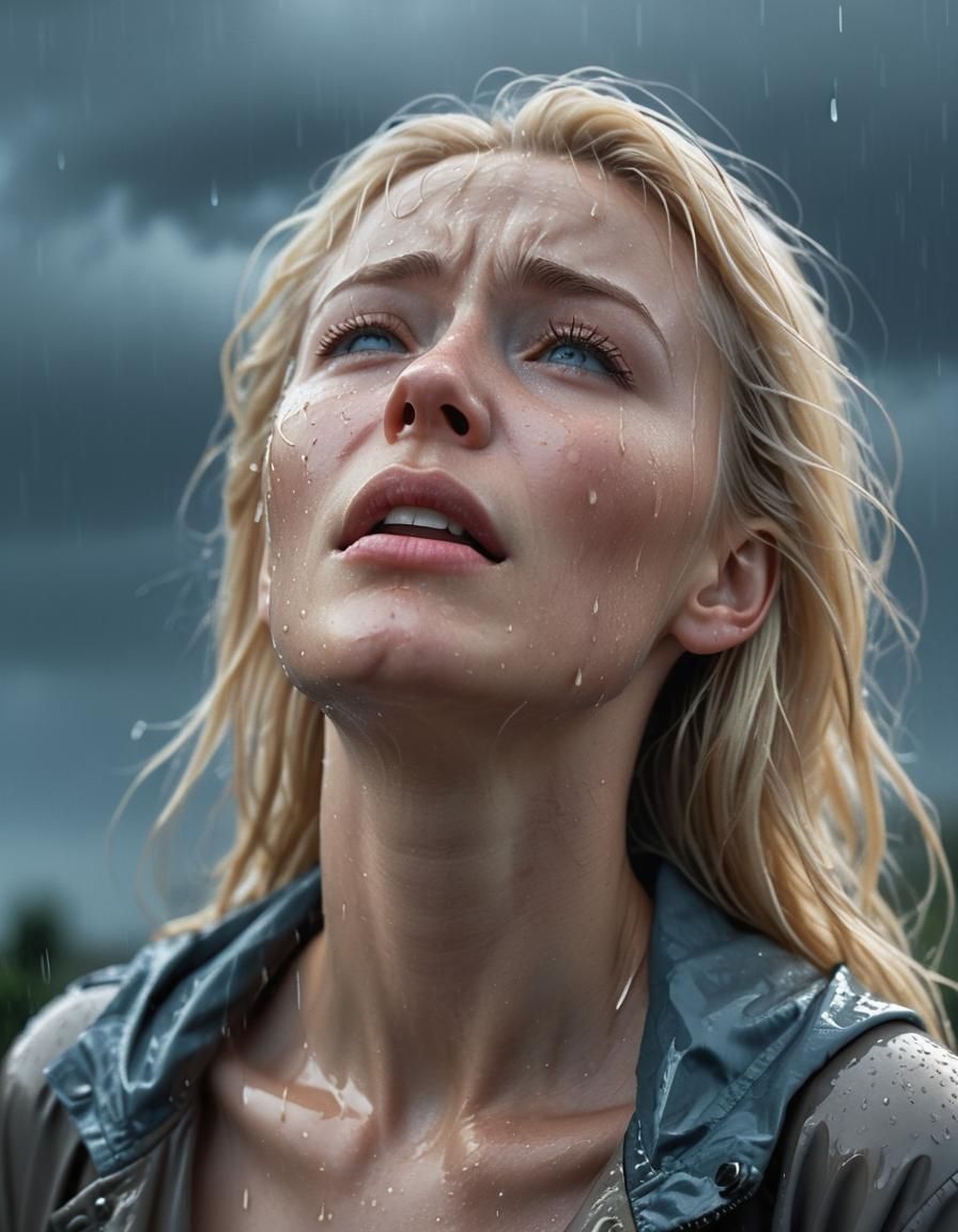 Blonde Woman Crying in Rain: Hyper-Realistic Photograph