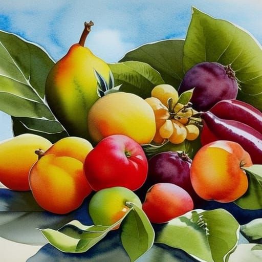 Fruit cornucopia, epic background, watercolor, watery, sharp details