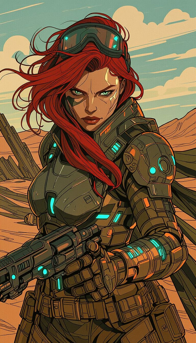 Female Sci-Fi Bounty Hunter in Desert Sunset