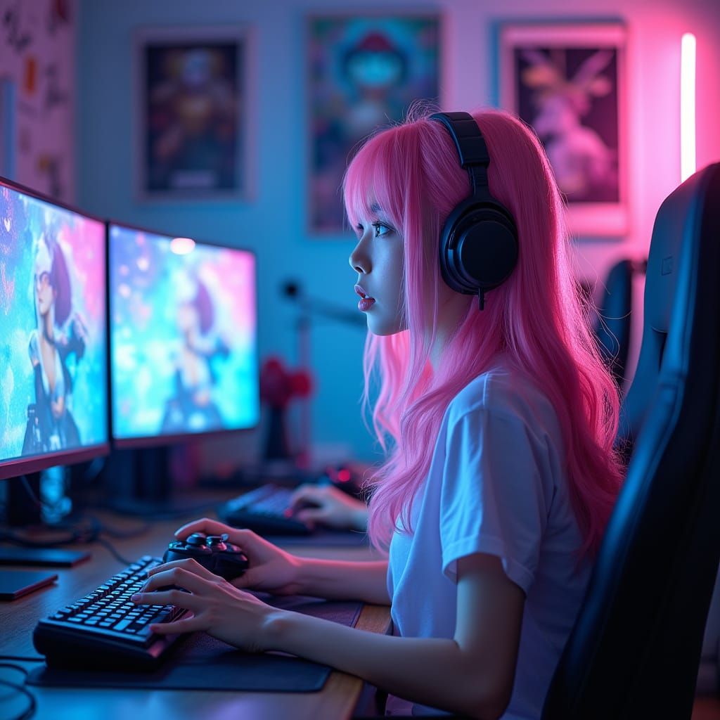 Gaming Goddess in Neon Dreamscape