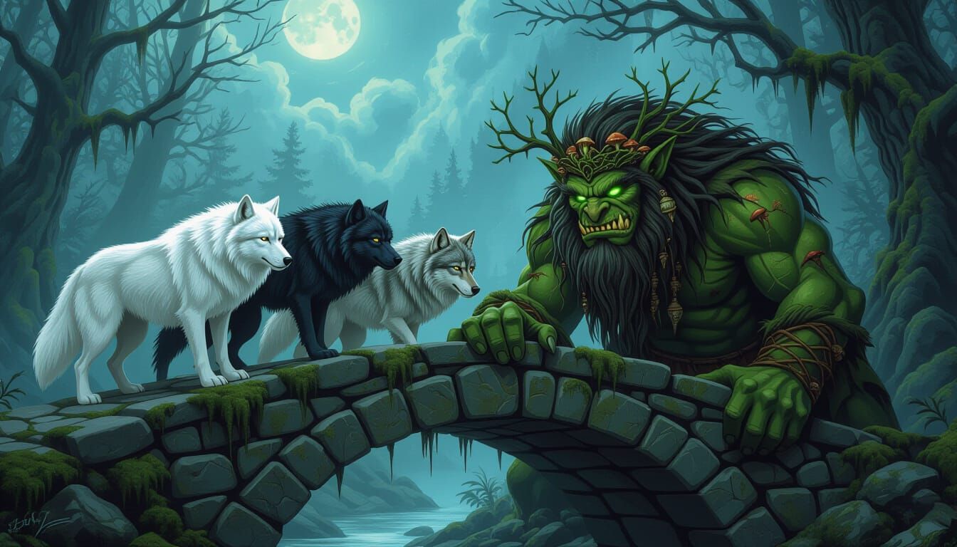 Wolfie Pack trying to cross a male Troll’s bridge (The Three Billy Goats Gruff reimagined)