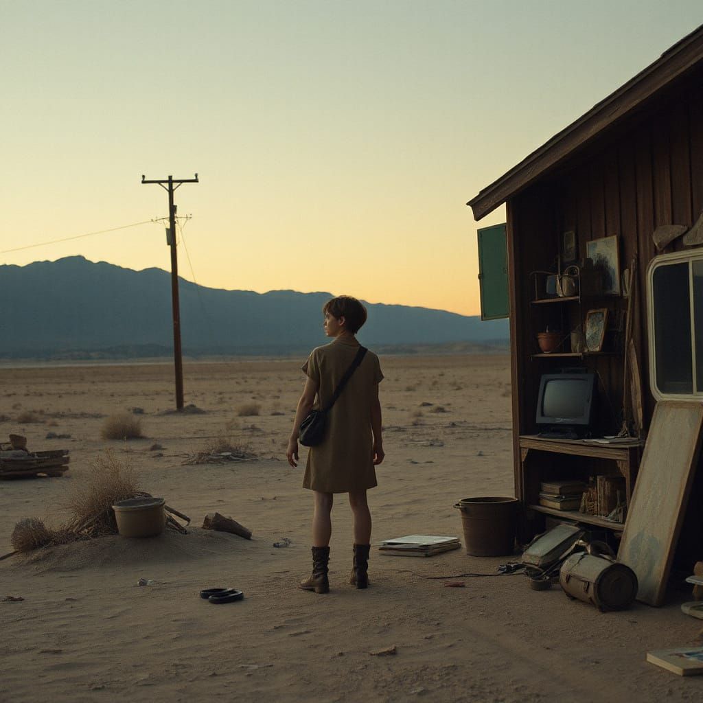 Lone Figure in Melancholic Landscape with Nostalgic Items