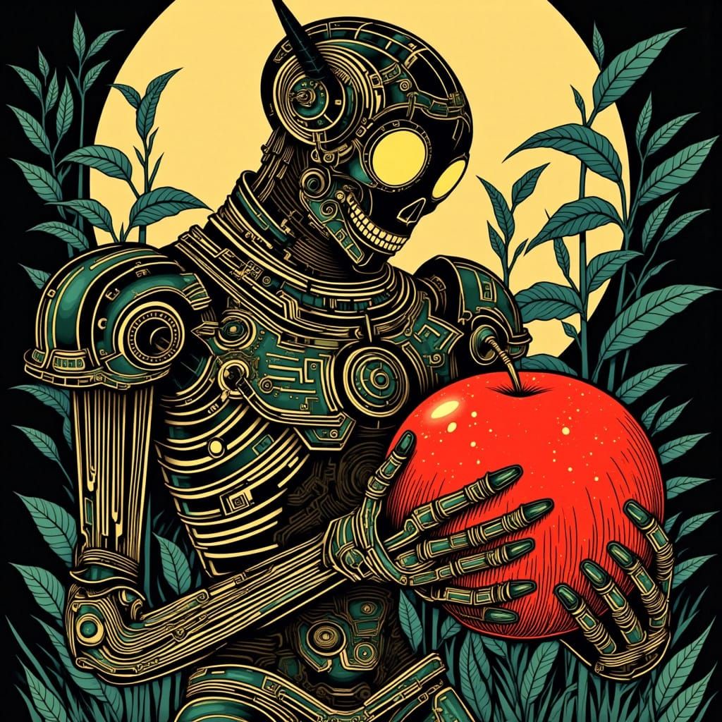 Ethereal Fantasy Robot Holds a Shining Red Apple in Retro-Fu...