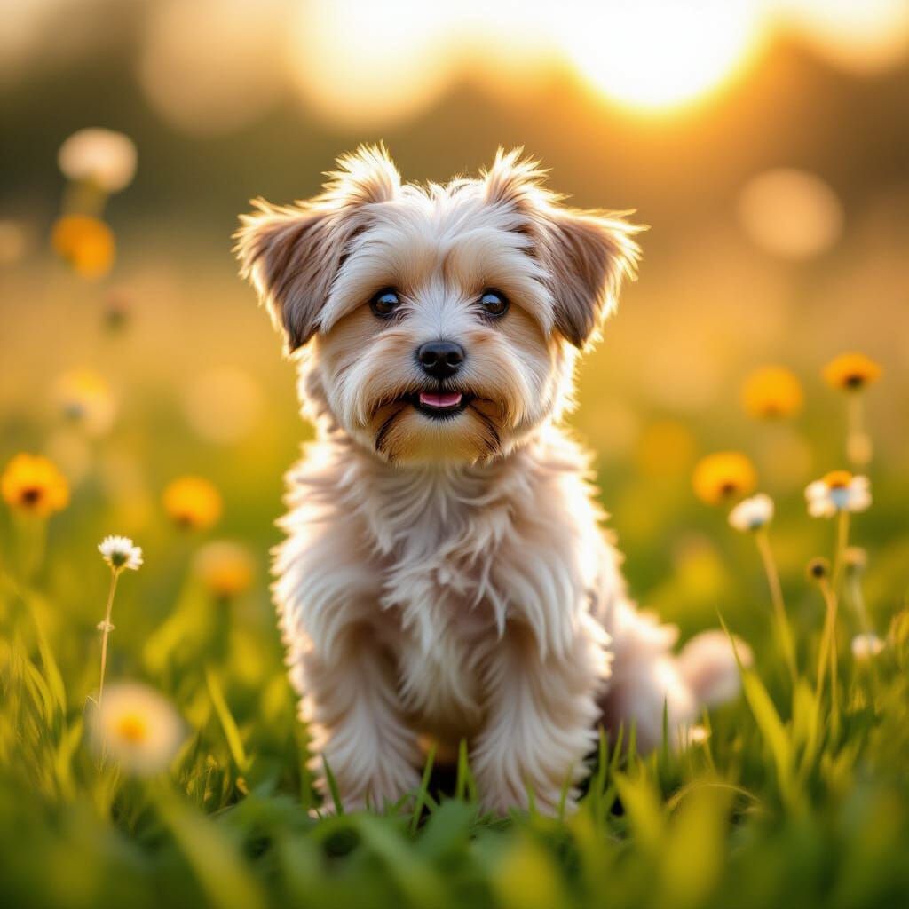 Fluffy Terrier Dog in Sunlit Meadow