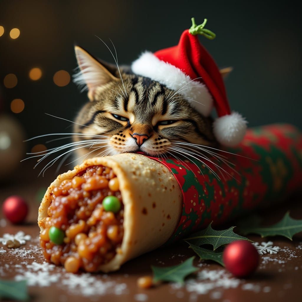 Festive Feline Devours Juicy Burrito in Winter Wonderland