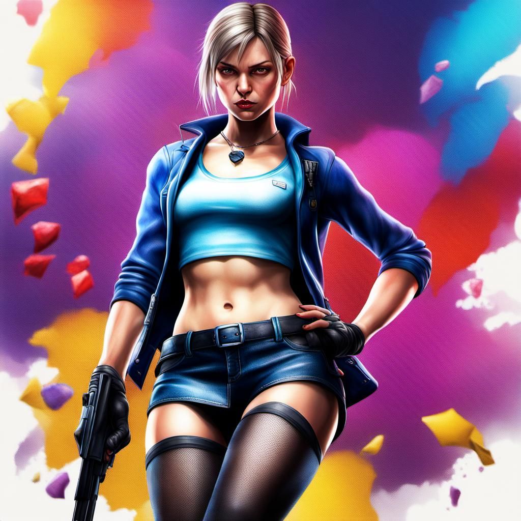 Jill Valentine with miniskirt, black pantyhose