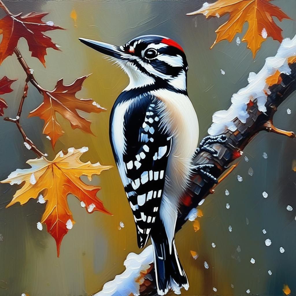Woodpecker in November Snow: Expressive Oil Painting