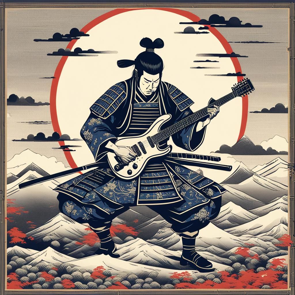 Samurai Rocker Shreds on Electric Guitar