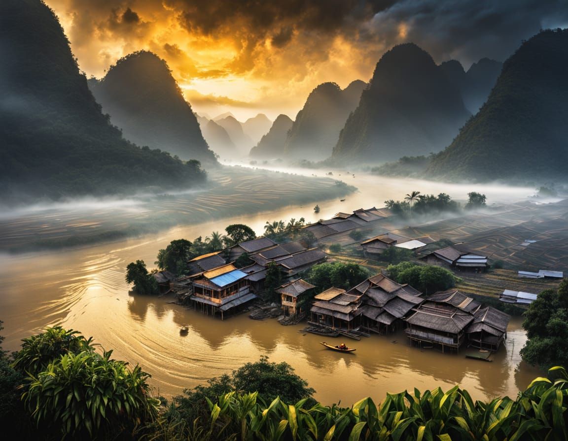 Misty Mekong River Fisherman in Traditional Boat