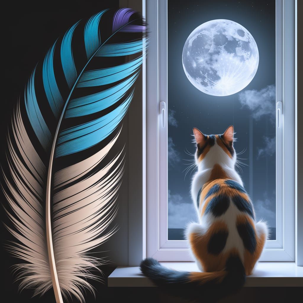 Calico Cat Gazes at Full Moon in Double Exposure