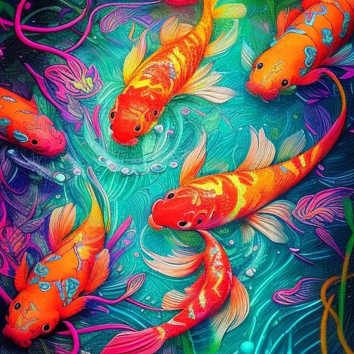Bright Neon Koi Fish in Detailed Matte Painting
