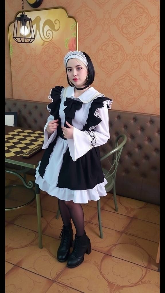 Young Emo Woman in Elegant Maid Costume Illuminated in a Coz...