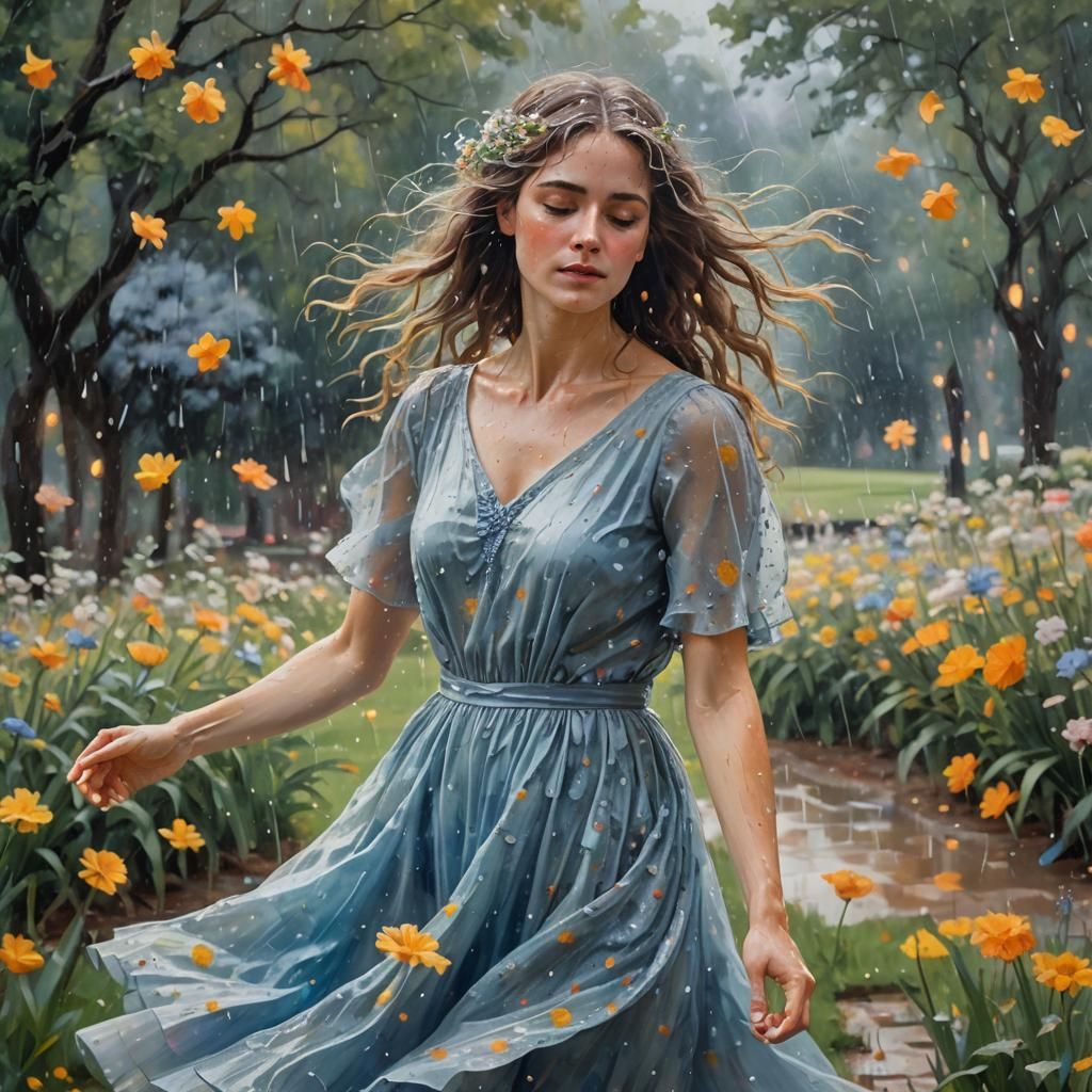 Ethereal Woman Dancing in Rain, Impressionistic Portrait