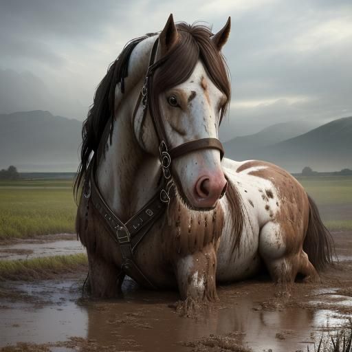 Mud-Splattered Clydesdale Stuck in Muddy Field