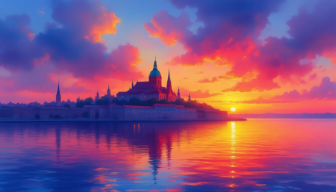 Vibrant Ruby City Reflections at Sunset