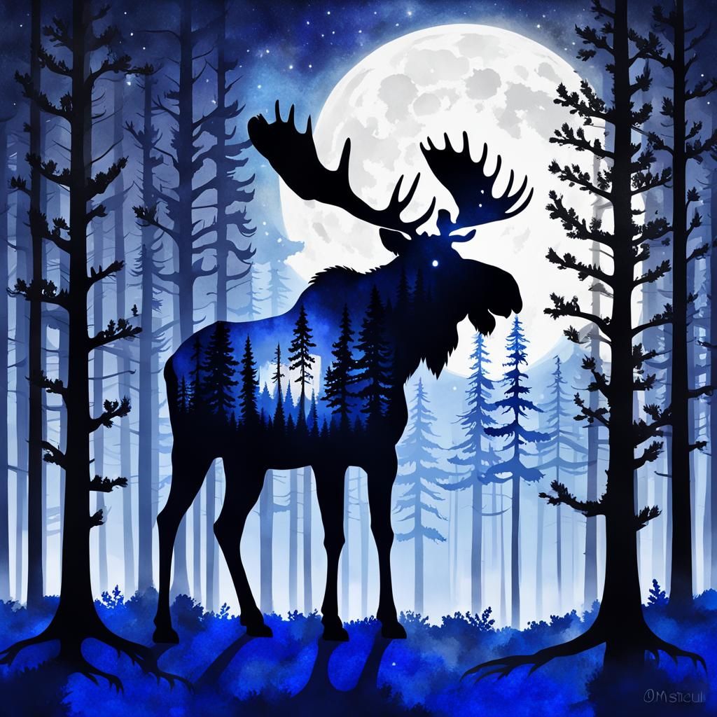 Mystical Moose Silhouette in Lapis Lazuli Forest