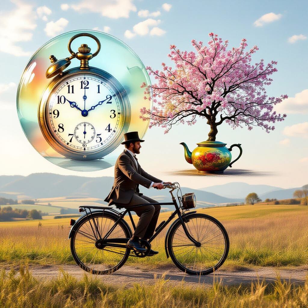 Man on Antique Bicycle with Pocket Watch and Teapot Tree