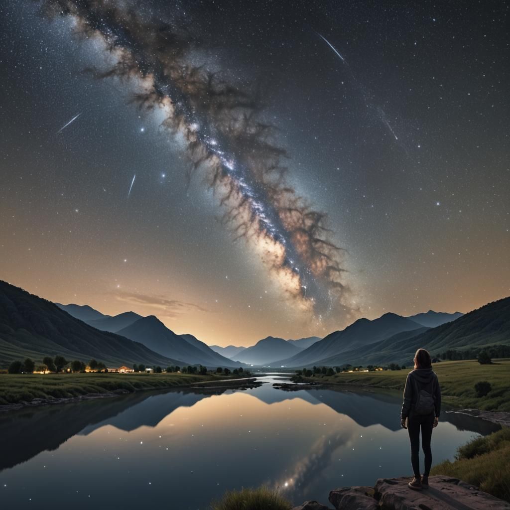 Woman Watches Milky Way Over Valley River