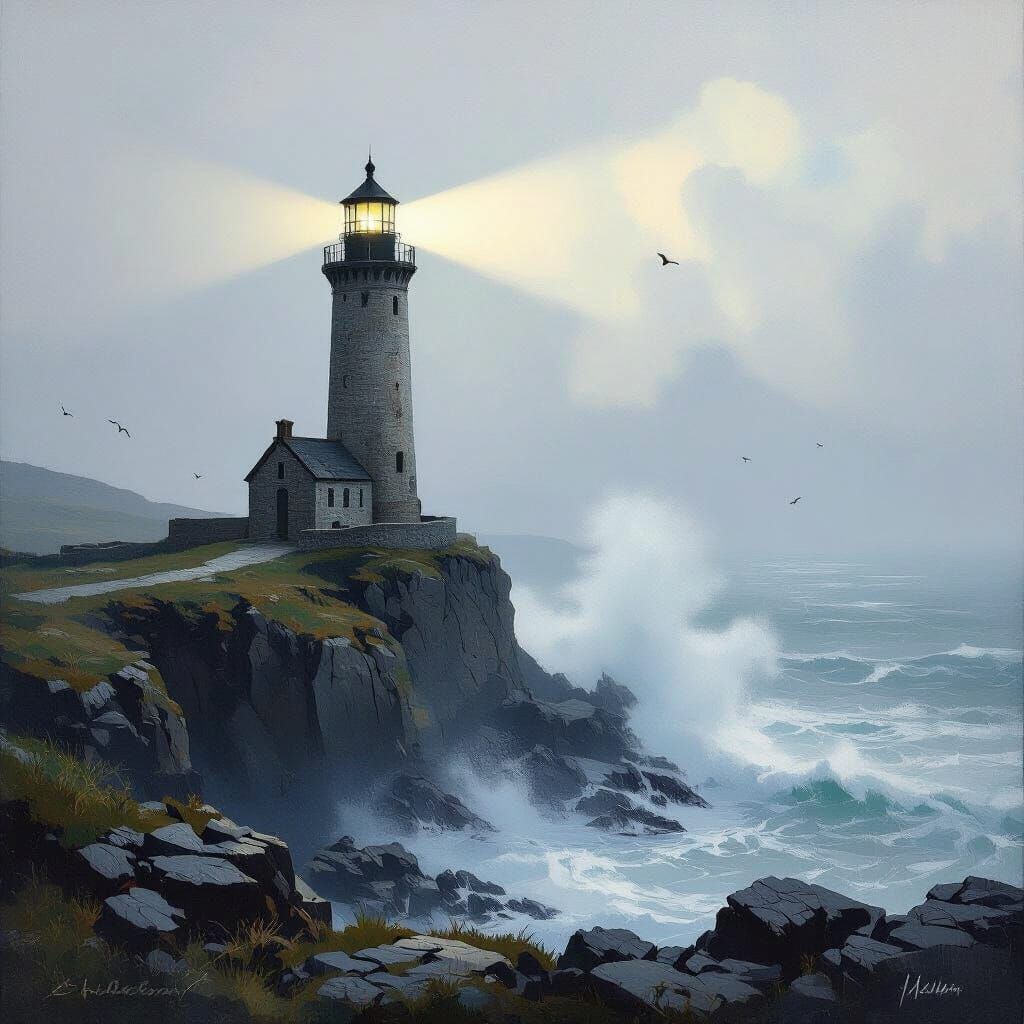 Ancient Lighthouse in Mystical Fog, Impressionist Style