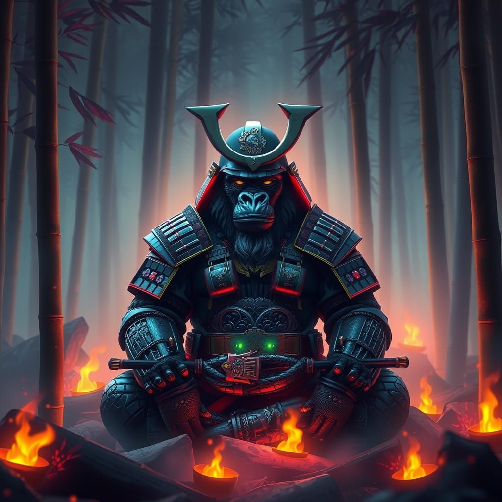 Bioluminescent Gorilla Meditating in Bamboo Forest