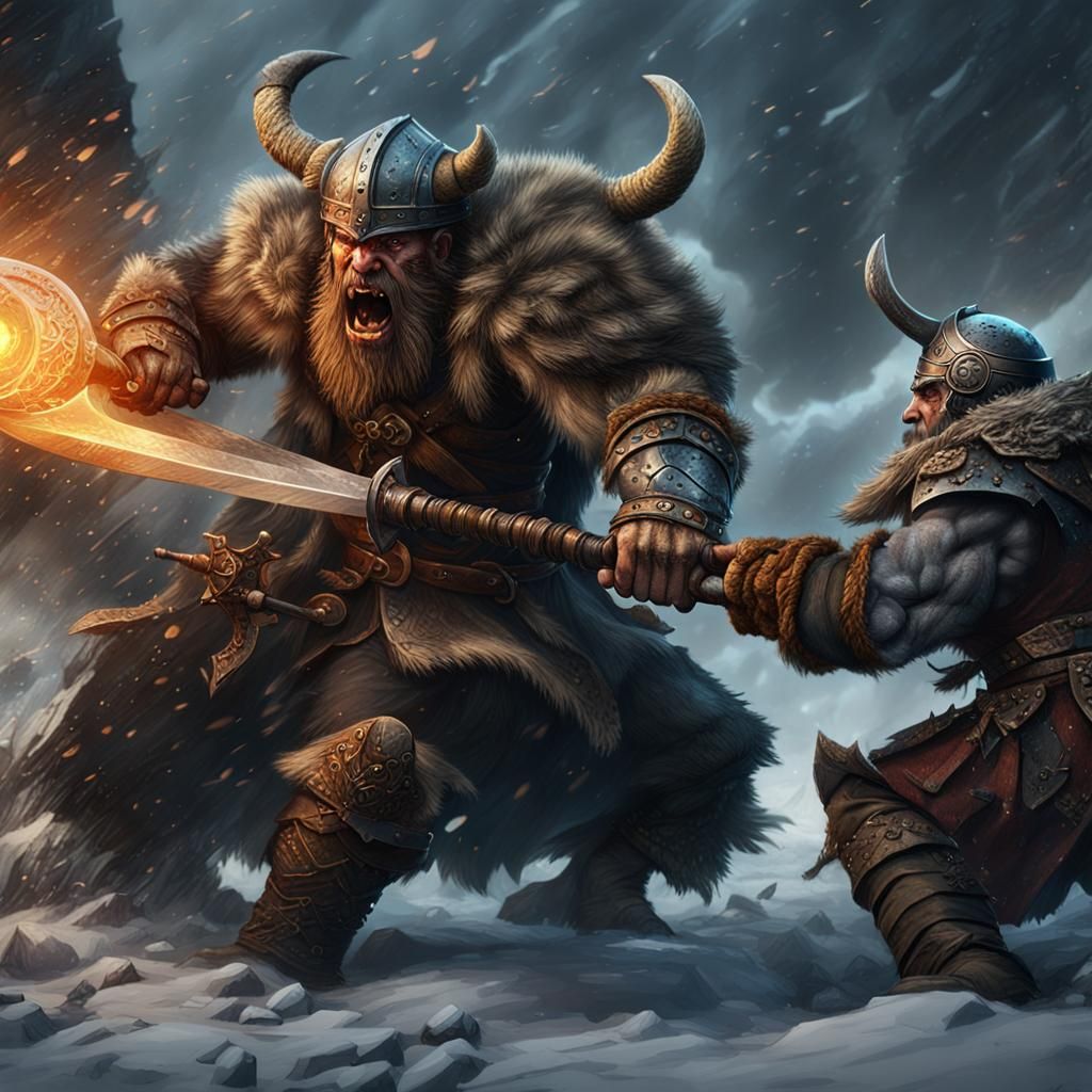Viking Warrior Battles a Bugbear in Detailed Matte Painting