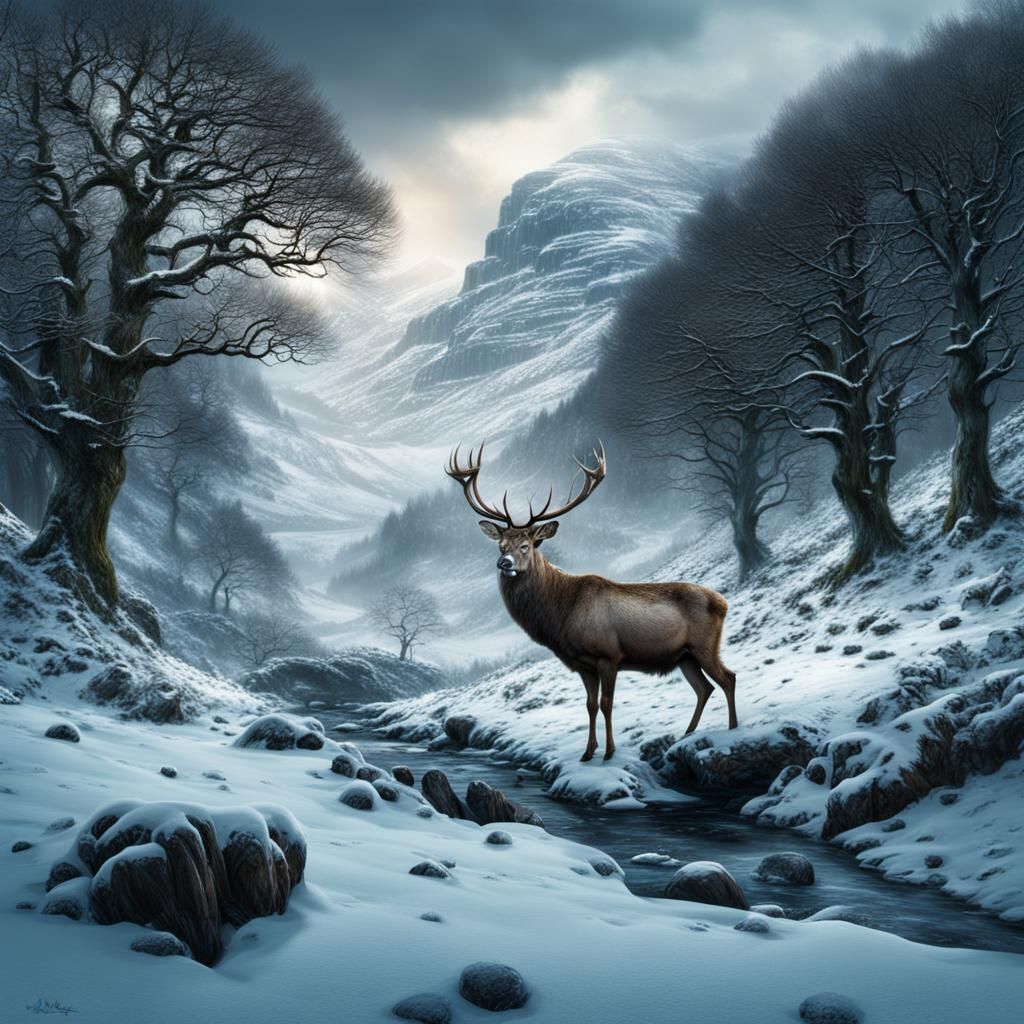 Winter Stag in Scottish Glen: Digital Matte Painting