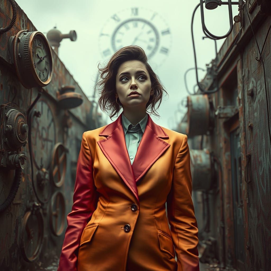 Dreamlike Dystopian Woman in Clockwork Wasteland