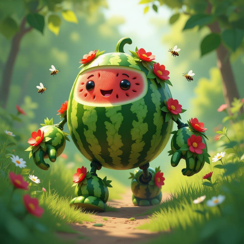 Watermelon Golem in a Surrealist Garden