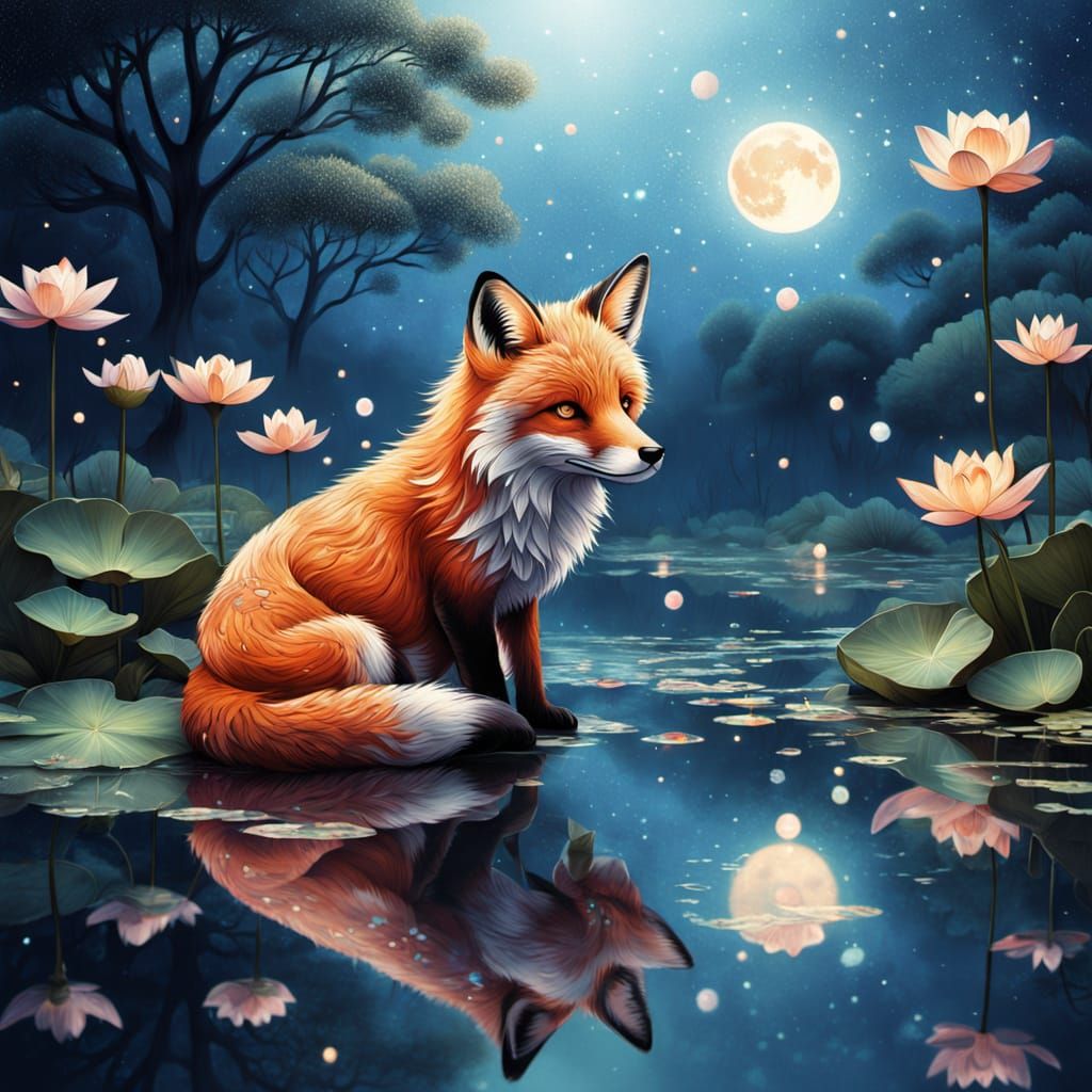 Ethereal Fox at Constellation Pond in Pointillism