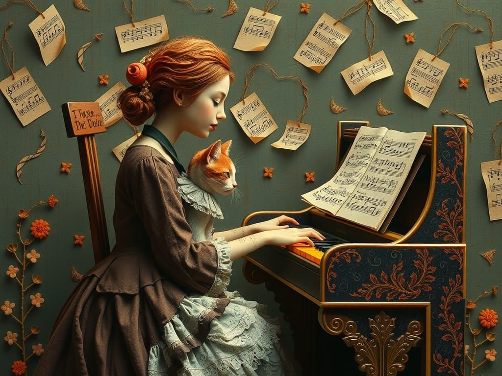 Woman Plays Piano for Cat in Folk Art Style