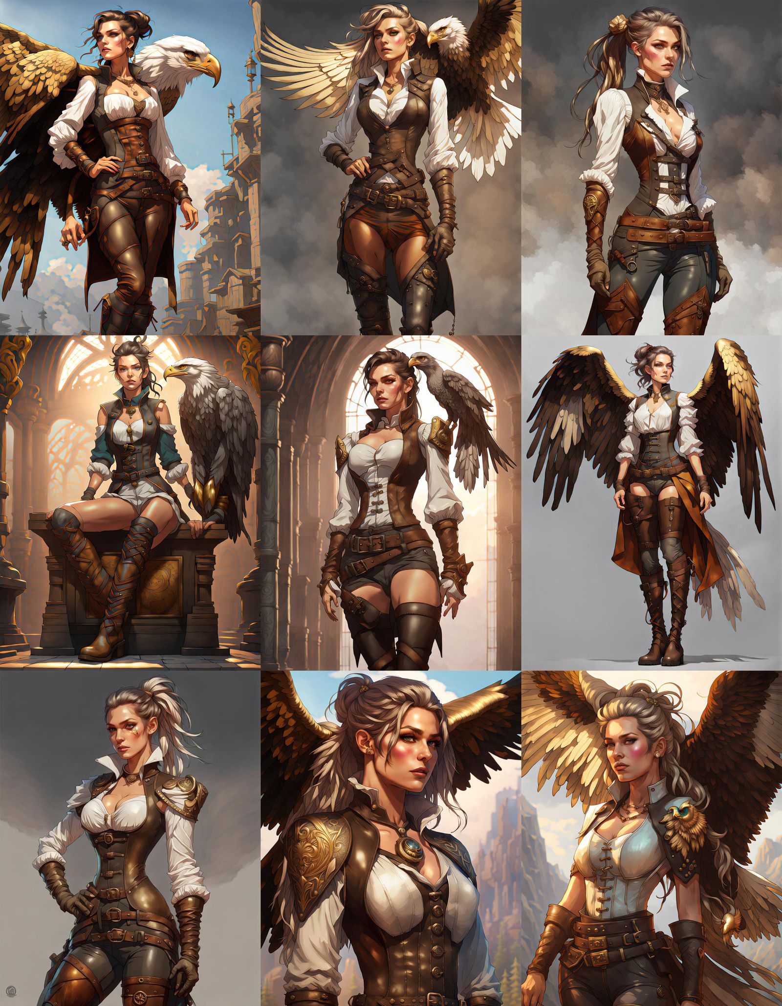 A half-elf woman with brown and white streaked hair in a thi...