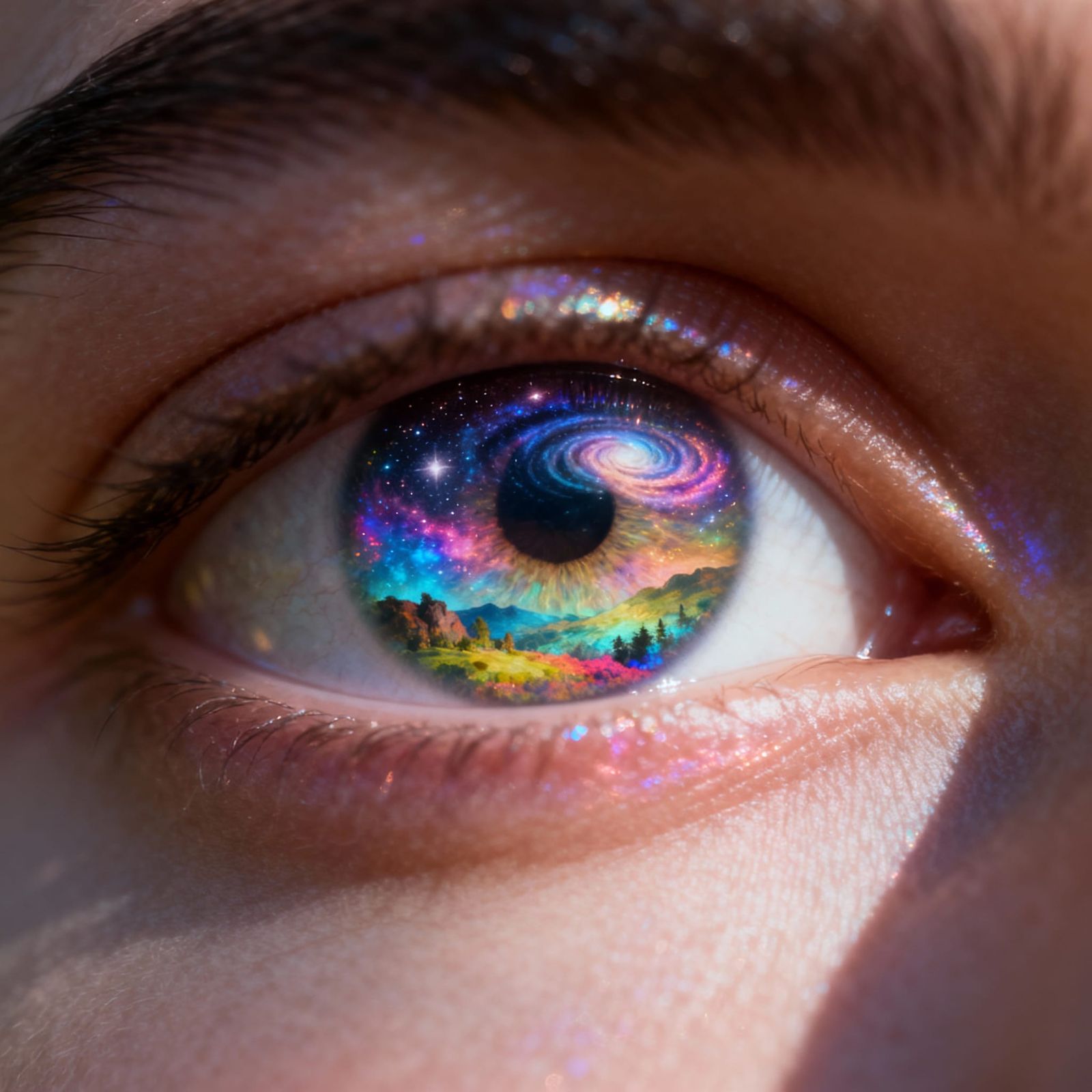 Human Eye Holds Miniature World & Galaxy in Hyperreal Style