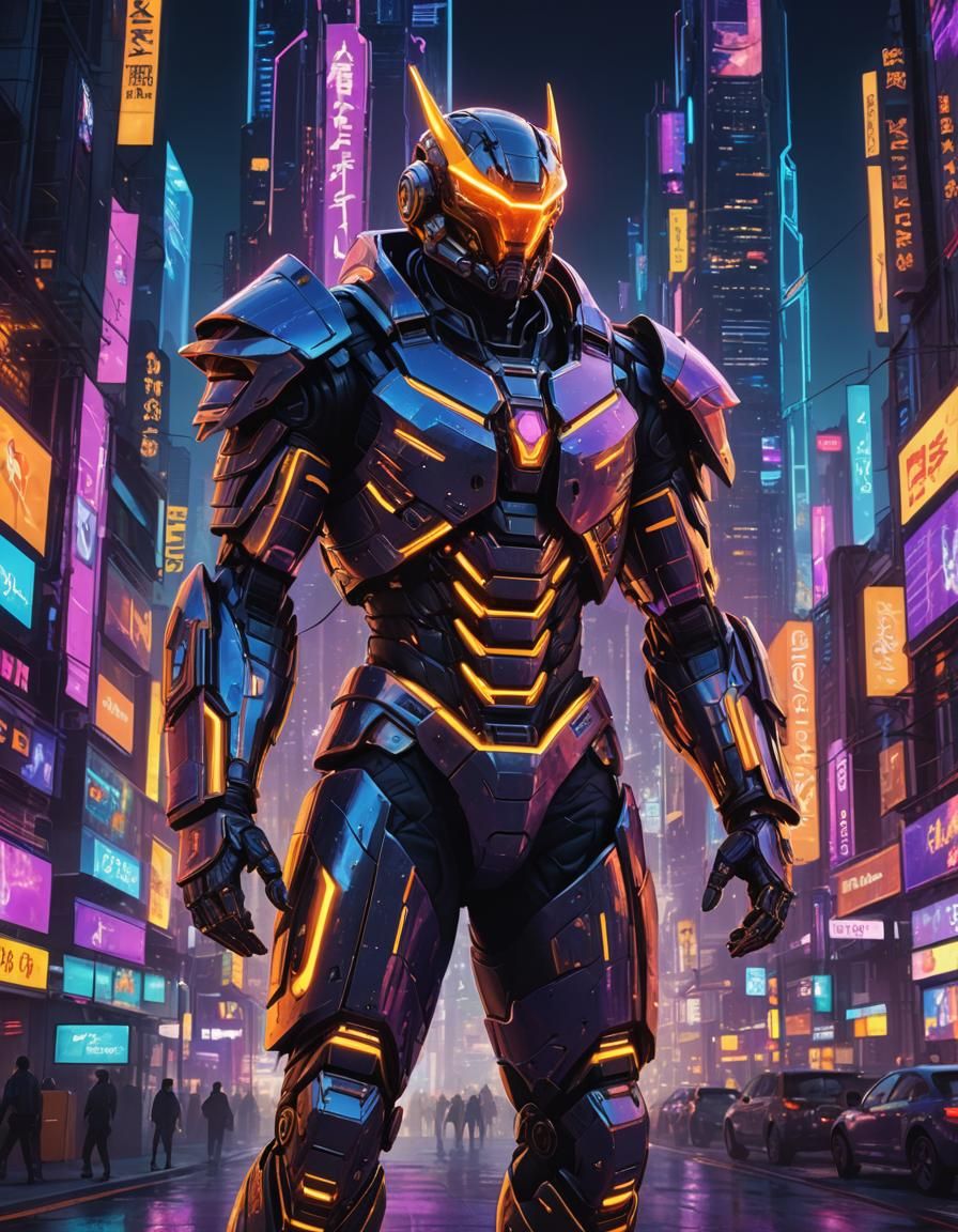 Cyberpunk Warrior in Neon-Lit Cityscape