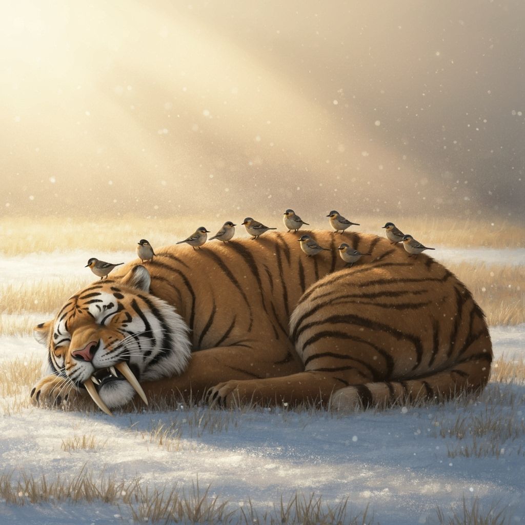 Tiny Birds Rest on Giant Sleeping Tiger in Snowy Grasslands