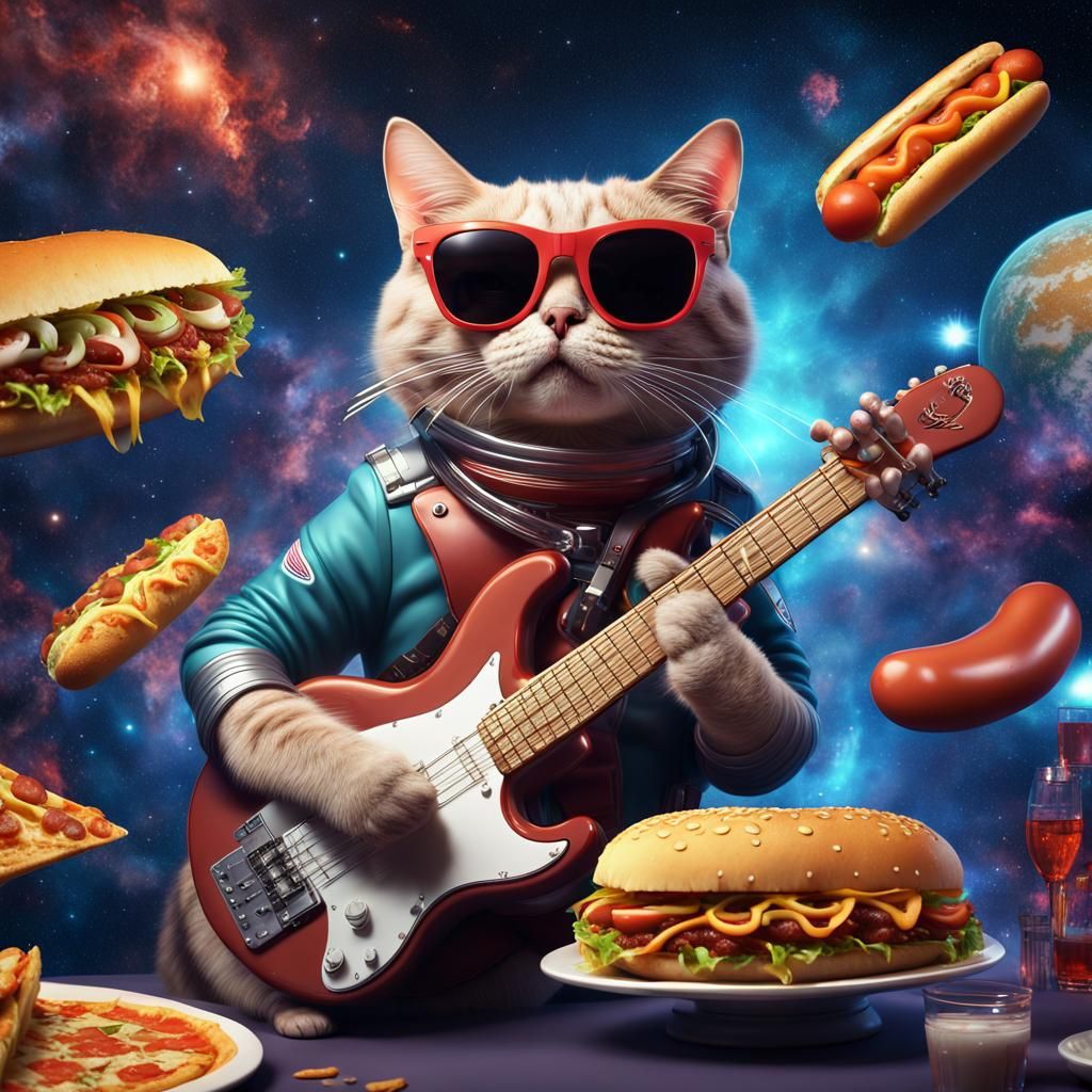 cat with sunglasses in space playing saxophone with hot dogs, pizza, burgers, and tacos