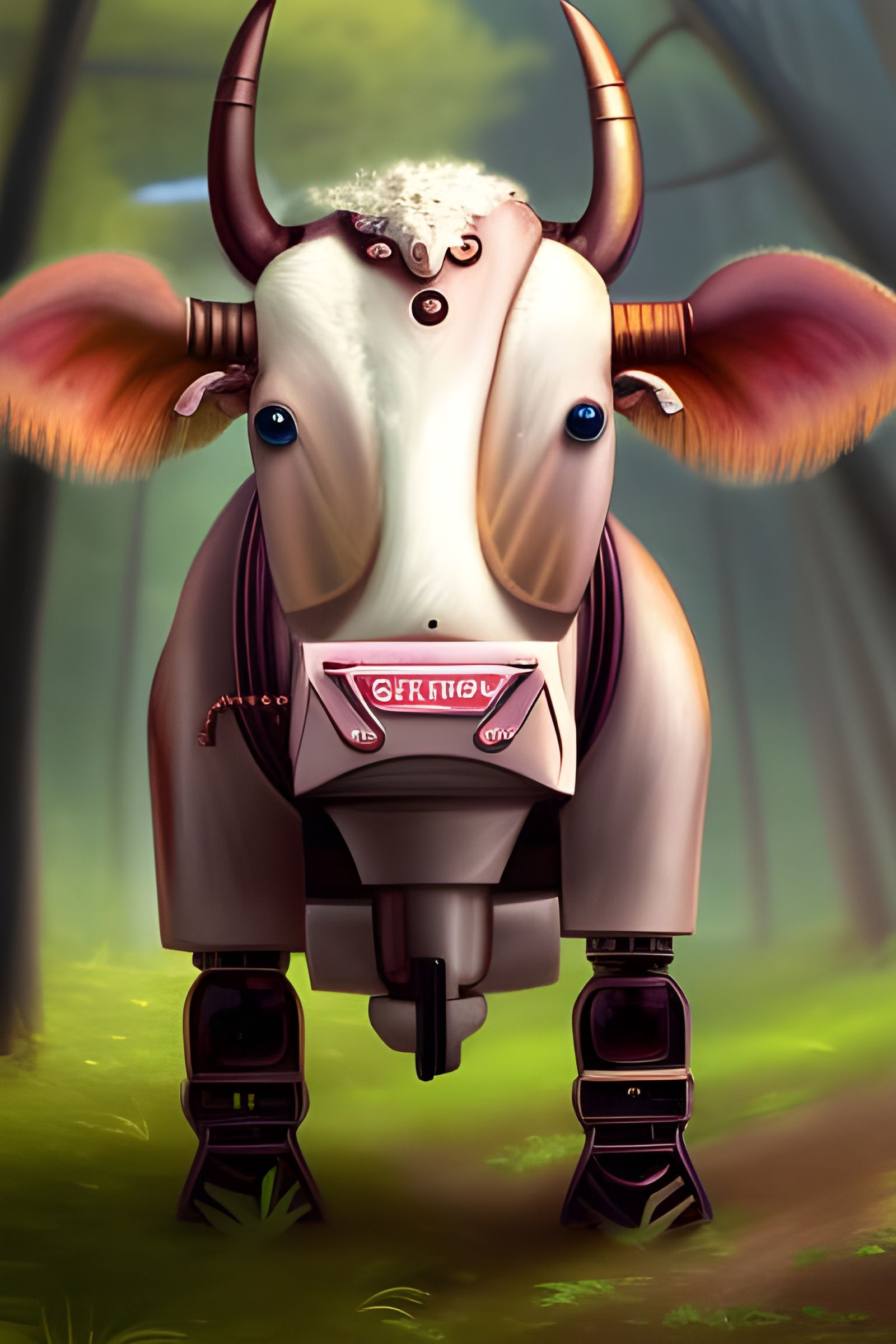Another very cute steam punk cow robot grazing in a forest
