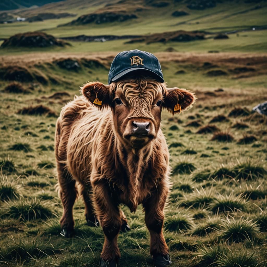 Highland Calf in Baseball Hat: Cinematic Film Still