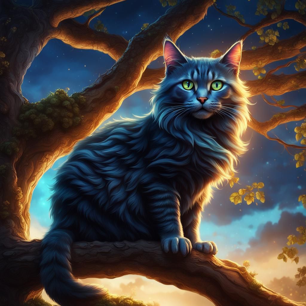 Blue-Eyed Cat in Tree: Detailed Fantasy Art