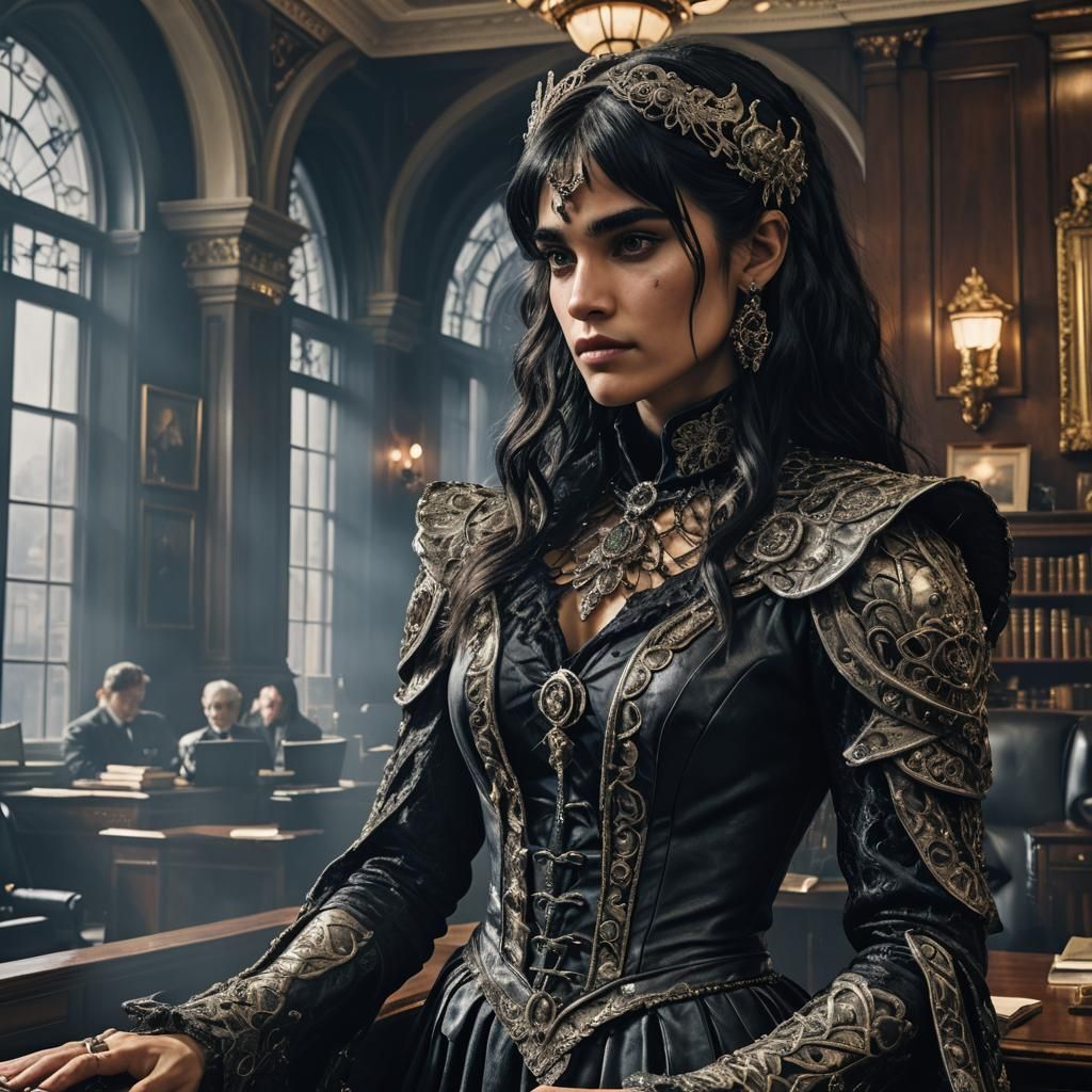 Gothic Ghoulina in London Office: Hyperrealistic Concept Art