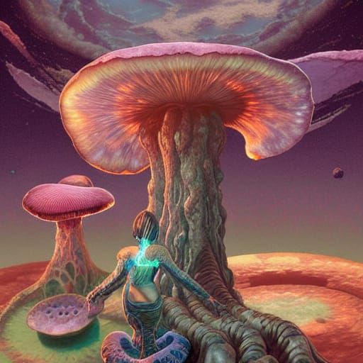 Nuclear Planet Landscape with Fungi in Neo-Primitivism Style