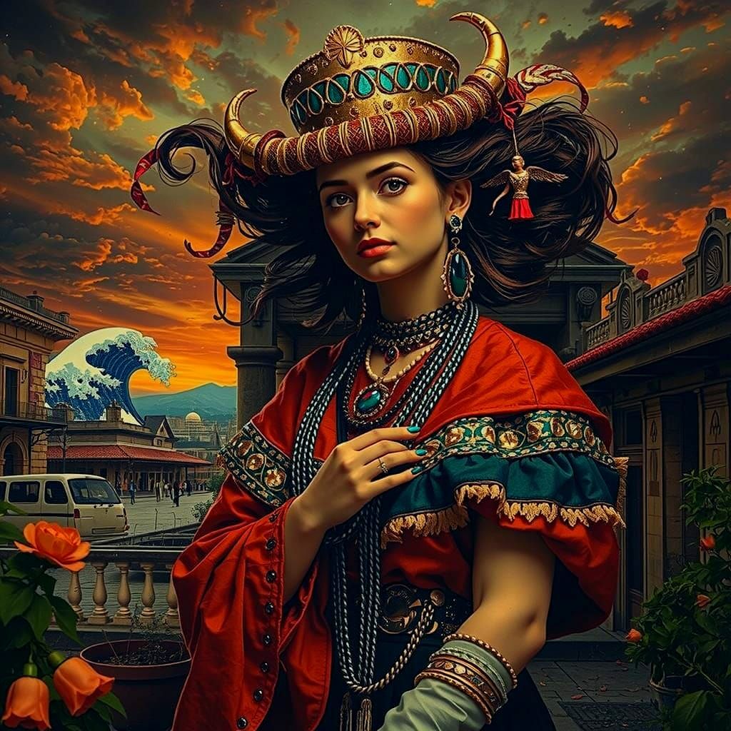 Tsunami Hits White Orange Ocean Under Stormy Sky