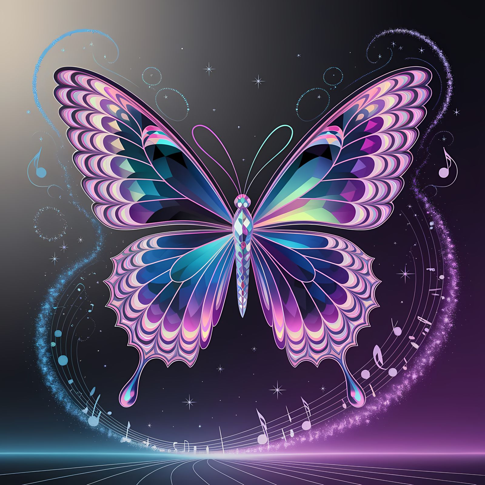 Surreal Butterfly Floats Amidst Swirling Musical Notes and S...