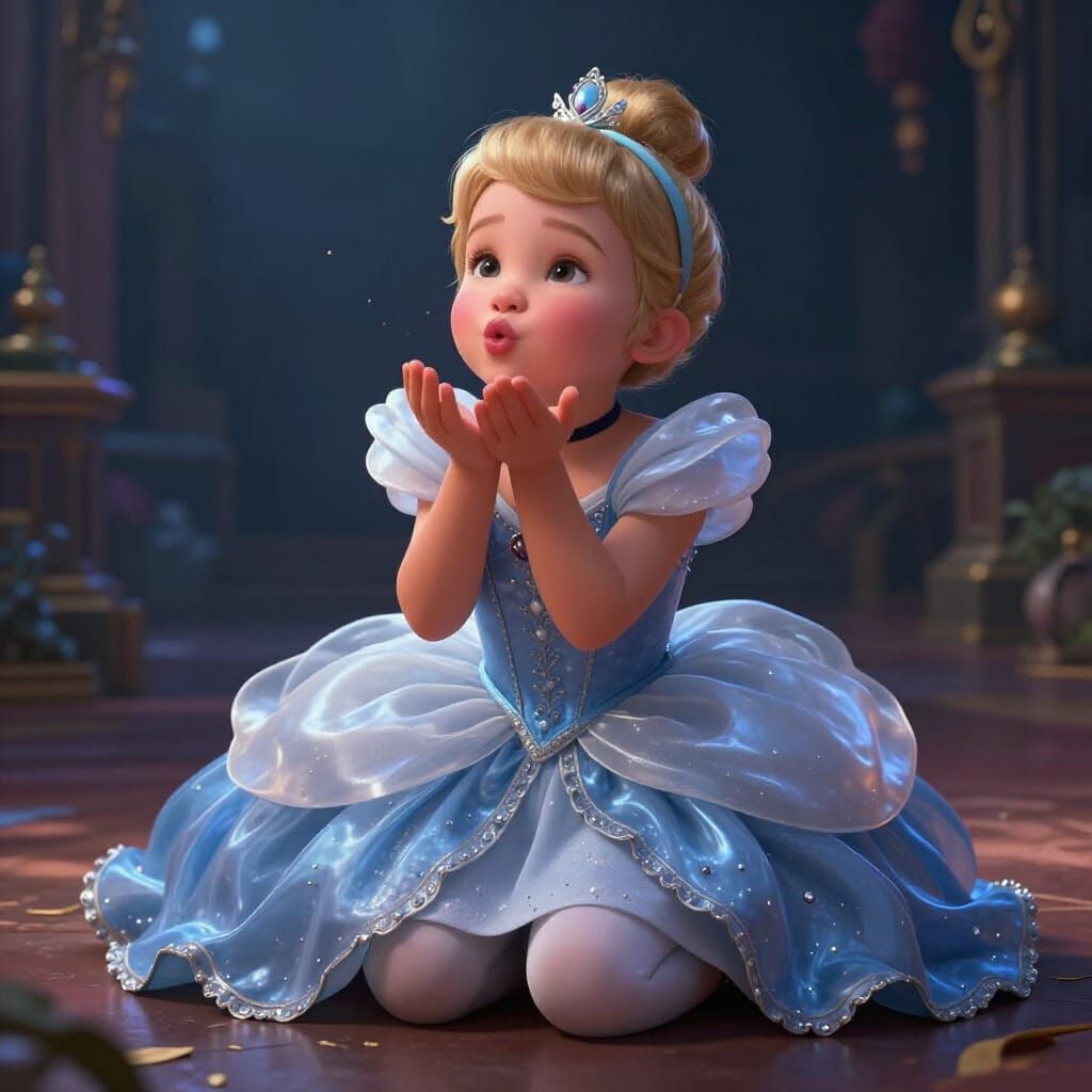 Baby Cinderella Blowing a Kiss in Pixar Style