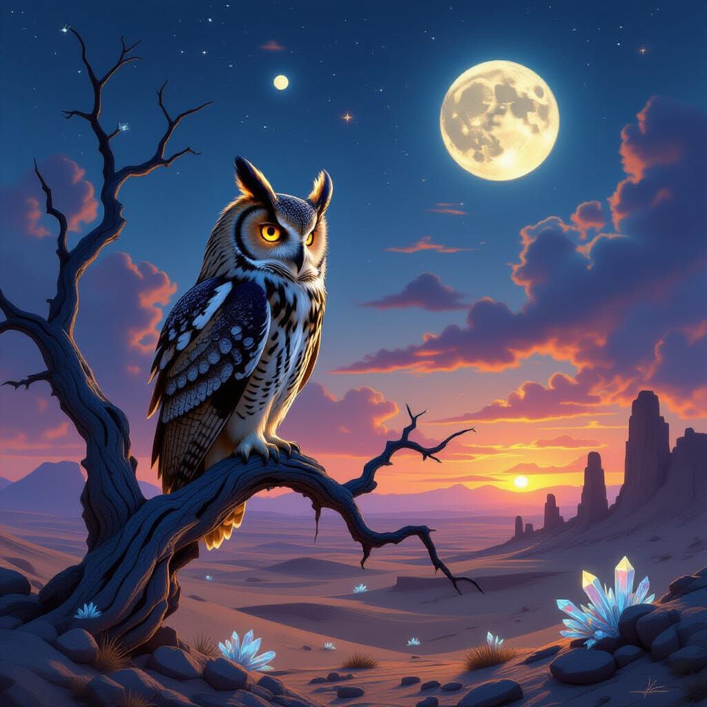 Majestic Owl Over Alien Desert Under Two Moons