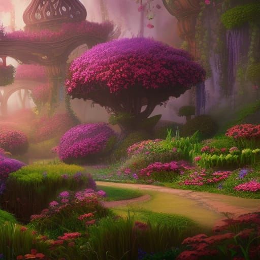 Fantastical Secret Flower Garden in Matte Painting Style